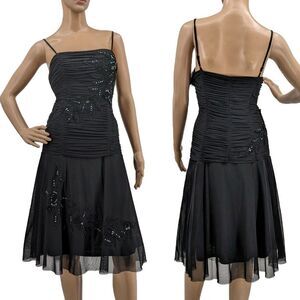 Vintage 90s Y2K Sue Wong Silk Dress Black Sequin Ruching Dark Fairy Siren 12P